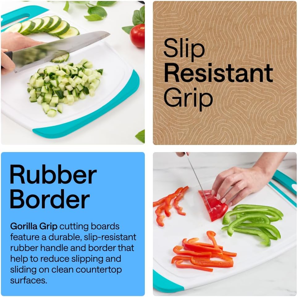 GORILLA GRIP BPA-Free Reversible Kitchen Cutting Board Set of 3, US Designed, Nonporous, Juice Grooves Catch Liquid, Slip Resistant Border, Dishwasher Safe, Durable Large Food Chopping Boards, Black