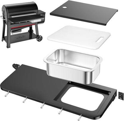 Upgraded Grill Table for Weber Kettle 22"/18"/26", Master Touch 22", Smokey Mountain, Recteq Pellet Grill RT-B380, Prep Station with Cutting Board, Basin, 4 Hooks, Shelf for Weber Kettle Accessories