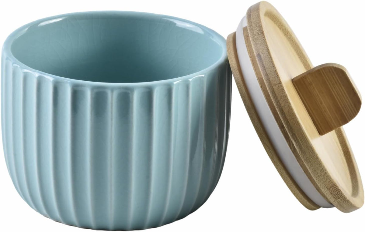 Salt Cellar Keeper with Bamboo Lid, 14oz Big Capacity Ceramic Sugar Bowls Pepper Box, Crackle Glaze Seasoning Container Condiment Pot for Kitchen (Blue Color)