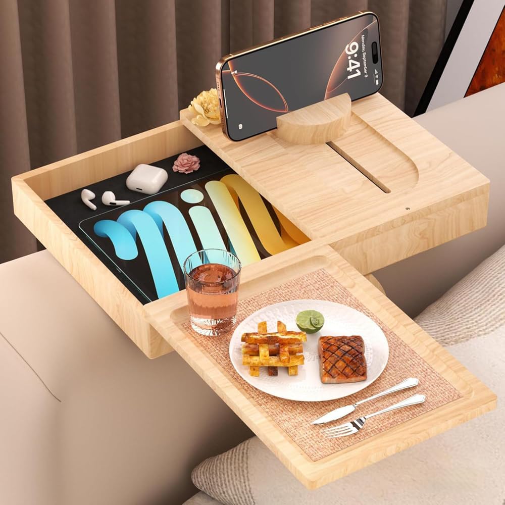 Wooden Couch Cup Holder Tray with 2 Rotatable Tray, Couch Arm Tray with 360° Rotating Phone Holder & Anti Slip Tray, Armrest Tray Table for Couch, for Snacks, Drinks, Remotes