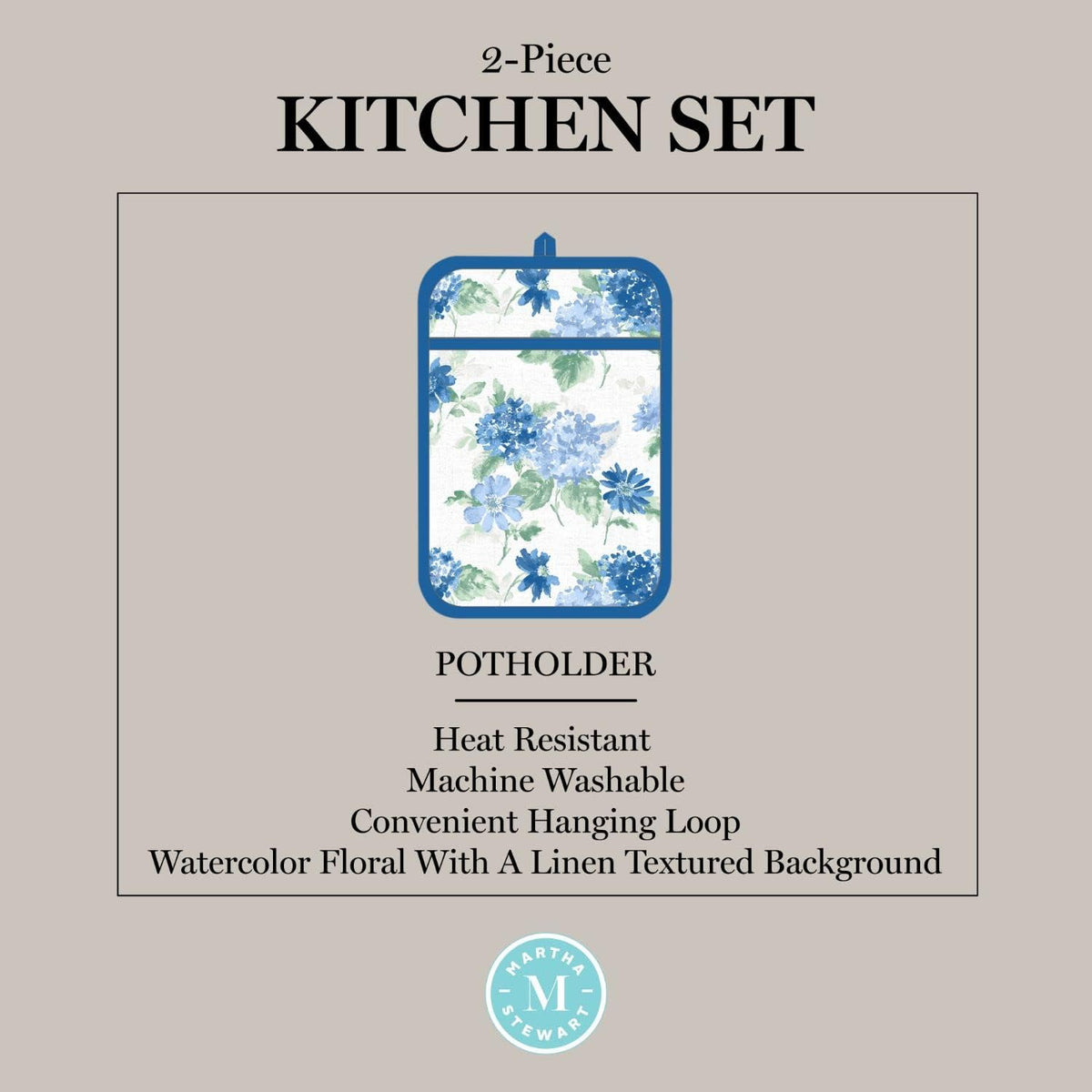 Martha Stewart Amber Floral Oven Mitt & Pot Holder Set 2-Pack, Blue/Green, OM: 7"x13" & PH: 7"x10"