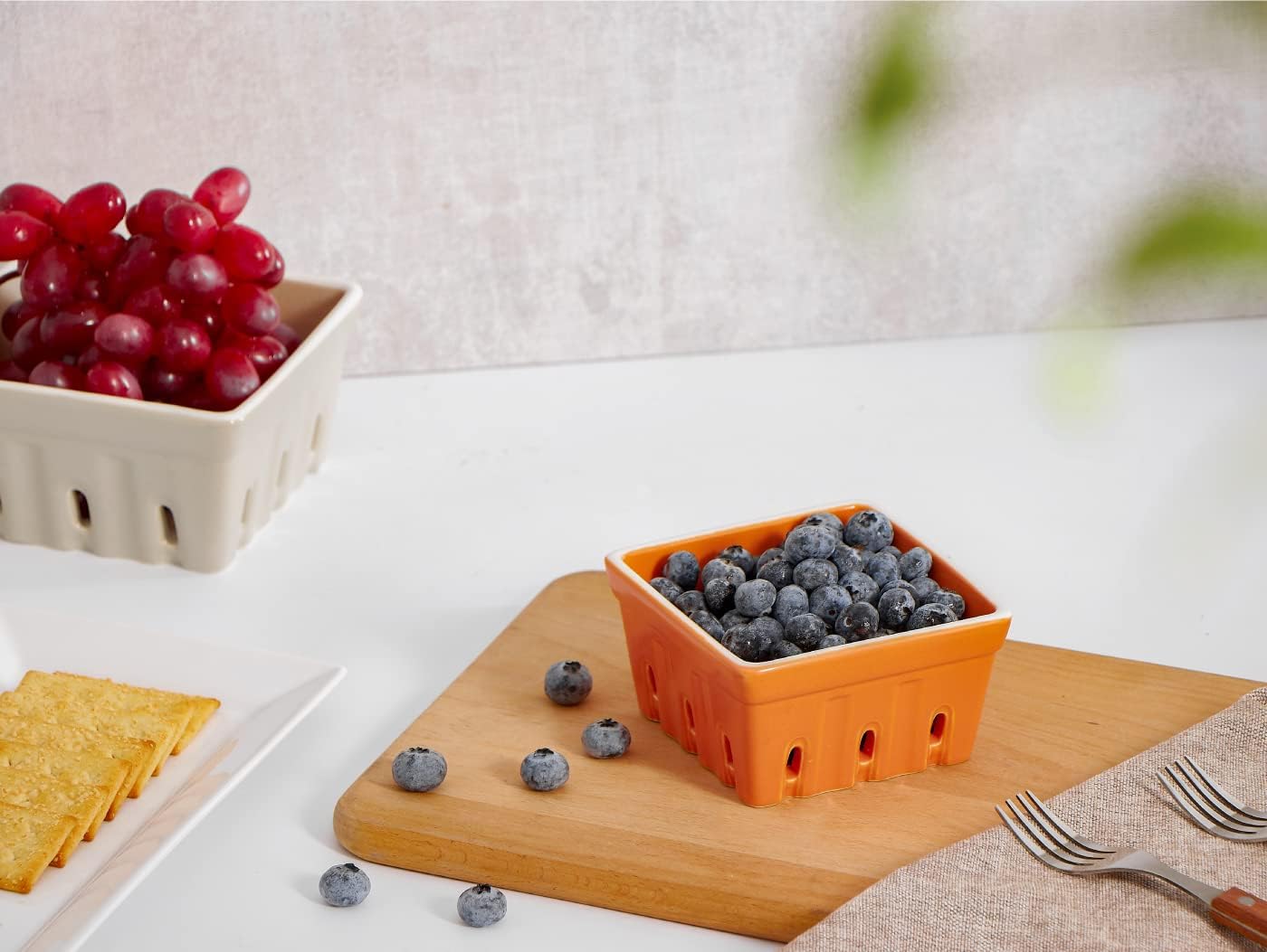 ONEMORE Ceramic Berry Basket, Square Fruit Bowls, Rustic Stoneware Berry Colander Set of 2, 5.7 inch, Gray & Light Green