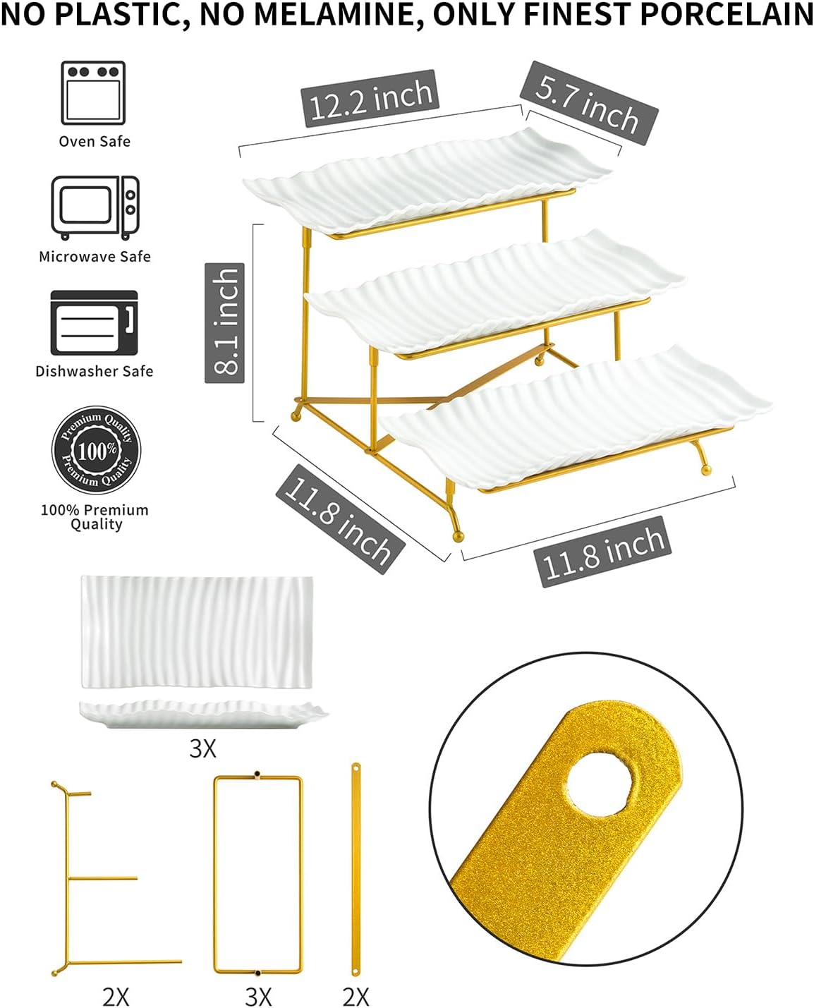 LAUCHUH 3 Tier Serving Tray, Porcelain Serving Platter Tier Serving Stand with Collapsible Sturdier Rack, Serving Trays and Platters Dessert Party Display Set for Father's Day, Gold, 12 Inch