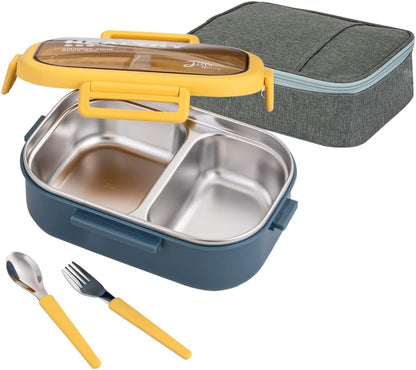 Lille Home 28oz Stainless Steel Leakproof 2-Compartment Bento Lunch Box/Portion Control Food Container with Lunch Bag and Cutlery Set, BPA Free (pink)