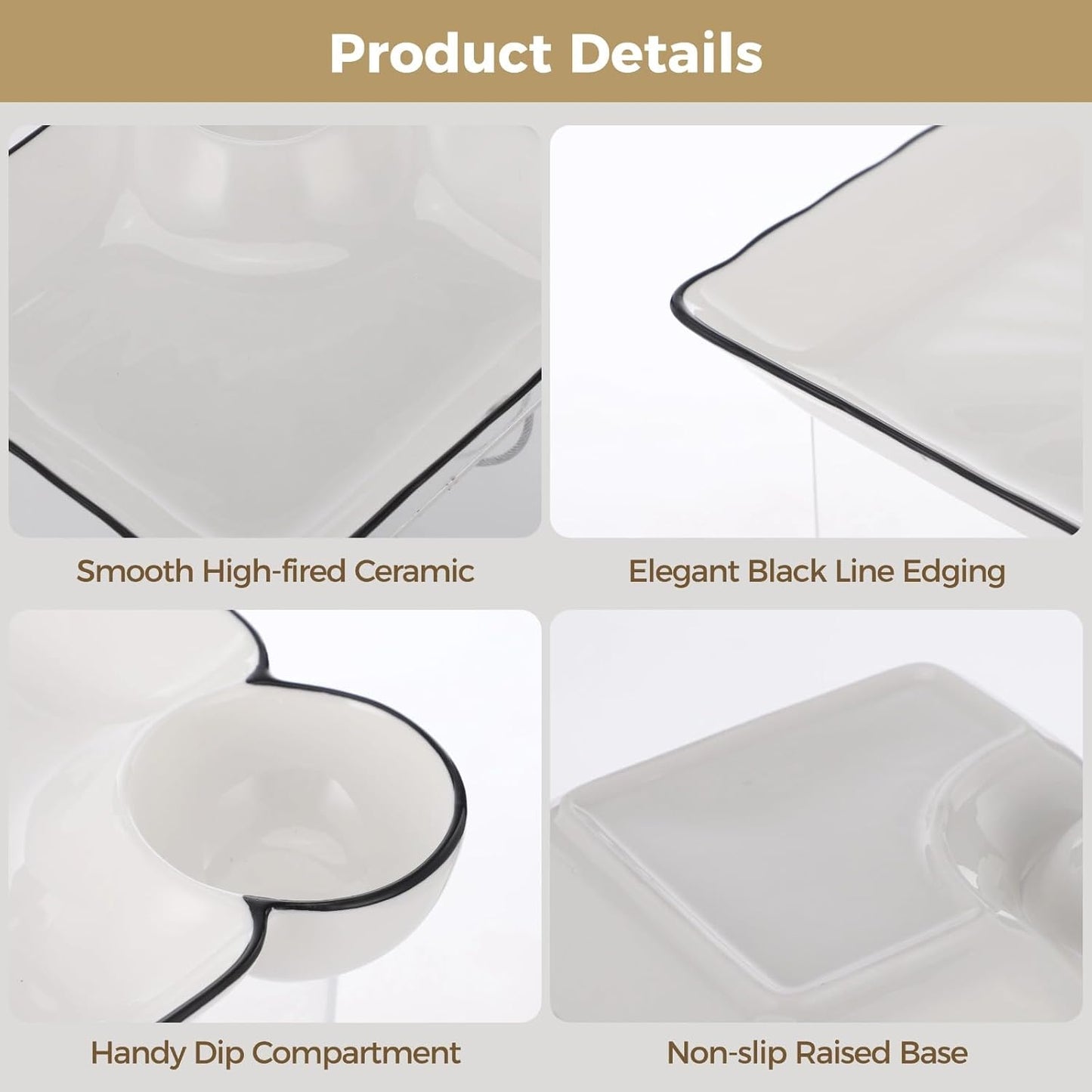Chip and Dip Serving Platter Set, 4 Pcs Ceramic Divided Platters with Dip Compartment, White Square Appetizer Plates, Snack Serving Dishes for Fries, Sushi, Taco