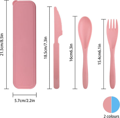 2 Sets Travel Utensils with Case, Reusable Utensils for Lunch Box, Plastic Forks Spoons and Knives Set, Portable Camping Utensil Cutlery Set Tableware for Picnic Daily Use (Blue + Pink)