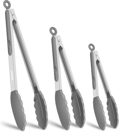Kitchen Tongs, Stainless Steel Cooking Tongs with Silicone Tips, 600ºF High Heat-Resistant Non Scratch Locking Tongs for Cooking BBQ Grilling Air Fryer Pans, Set of 3 (7" 9" and 12") Black