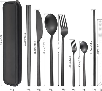 AARAINBOW 6 Pieces 18/8 Stainless Steel Flatware Set Portable Reusable Cutlery Set Travel Utensils Set Including Chopsticks Knife Fork Spoon Straws Cleaning Brush Dishwasher Safe (Green golden)