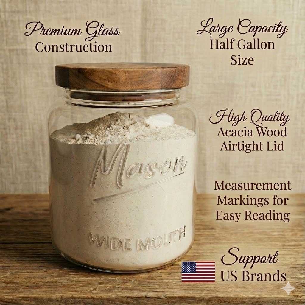 kitchentoolz Extra Large Mason Jar - 1 Gallon Glass Wide Mouth Jar with Airtight Wooden Lid, Food Storage Container with Measurement Markings For Kitchen Pantry, Pickling, Cookies, Flour & Sugar