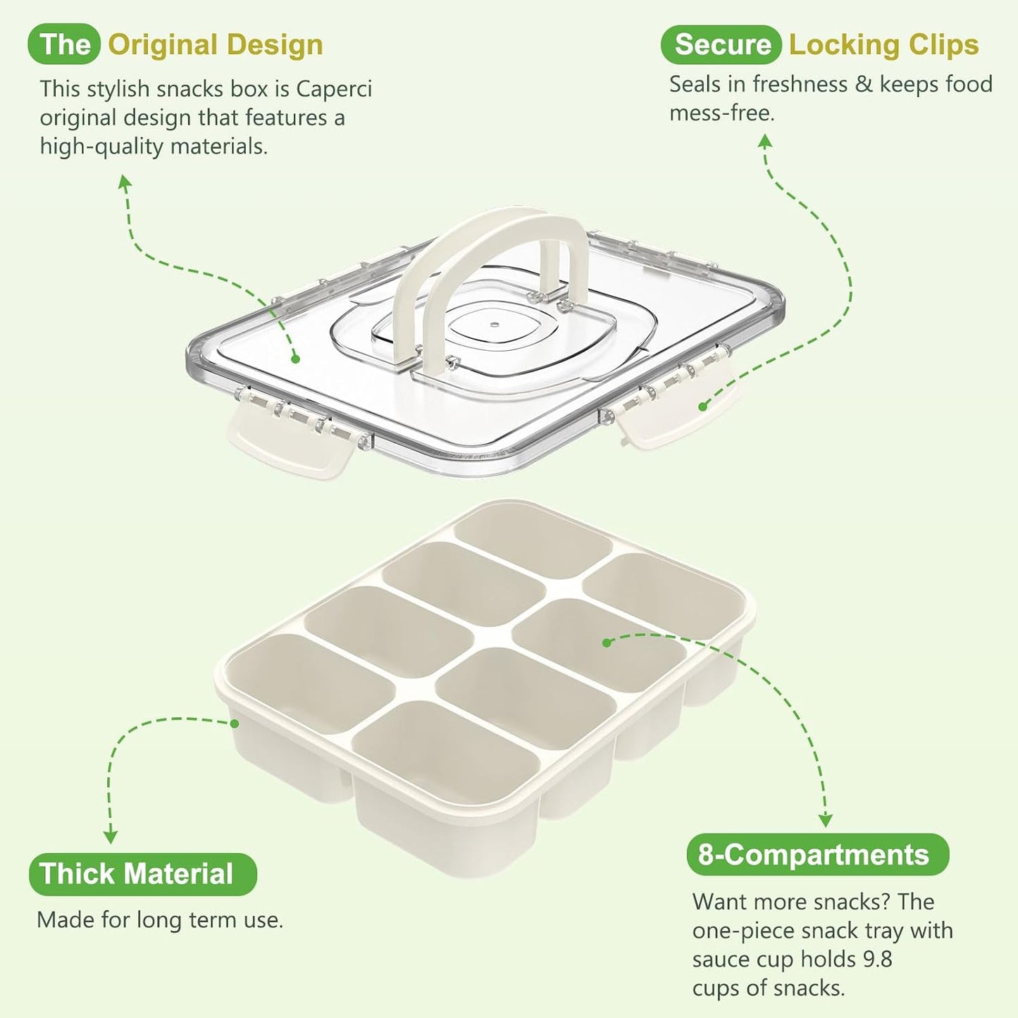 Caperci Snackle Box Container - Large 8 Compartments Divided Serving Tray with Lid & Handle, Portable Snack Box Tray for Travel Picnic, Dishwasher Safe, BPA-Free (Hold 10 Cups/2400ML)