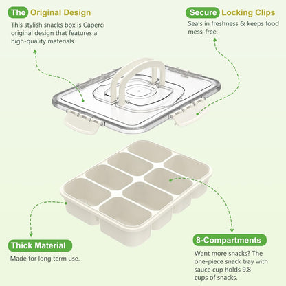 Caperci Snackle Box Container - Large 8 Compartments Divided Serving Tray with Lid & Handle, Portable Snack Box Tray for Travel Picnic, Dishwasher Safe, BPA-Free (Hold 10 Cups/2400ML)