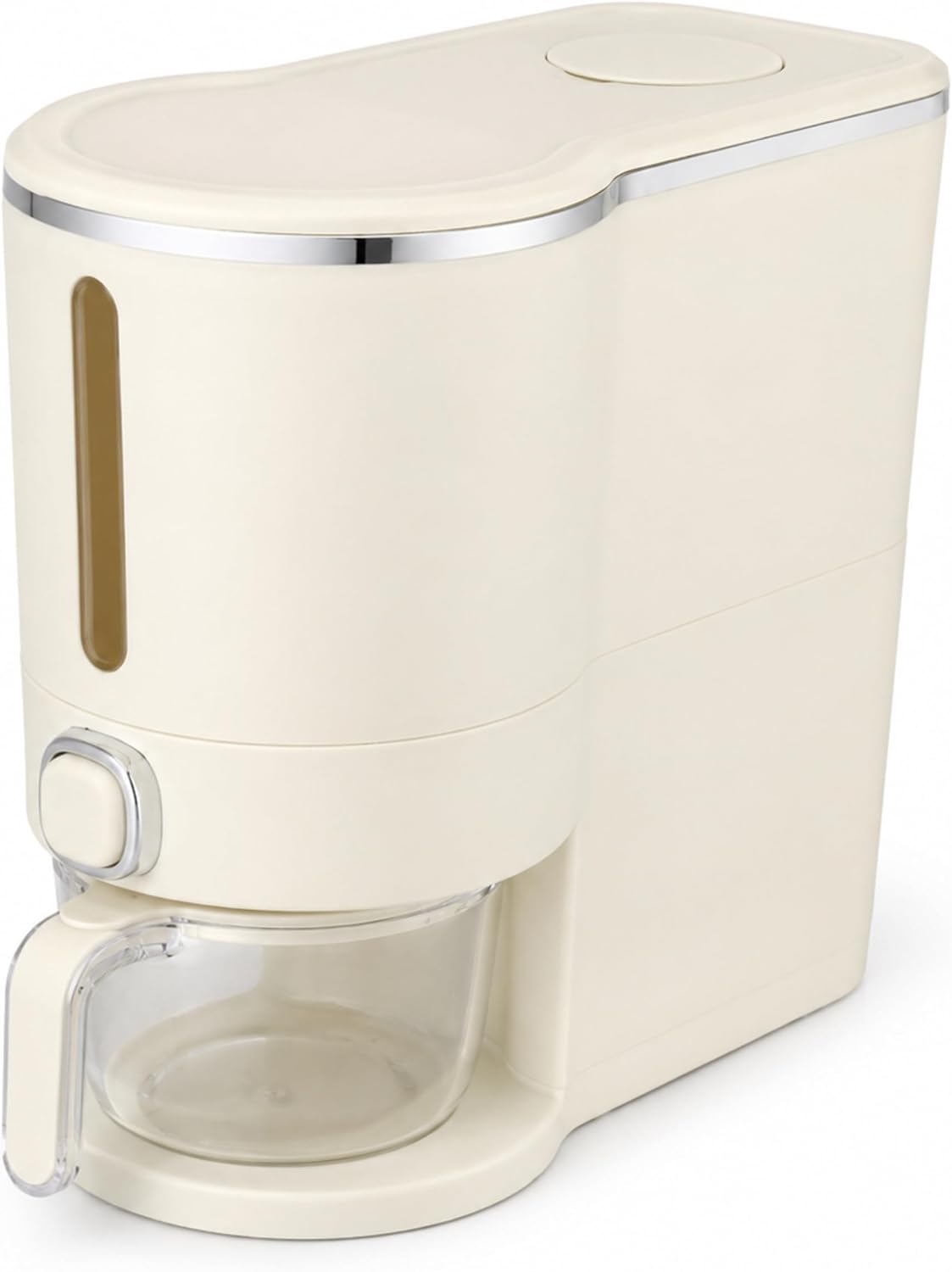 ROOM127 Slim Rice Dispenser 11 Lbs, Airtight Rice Storage Container with Measuring Cup, One-Touch Dry Food & Cereal Dispenser with Clear Window for Kitchen Countertop, Milk Tea Brown