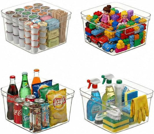 MOONEDGE 4-Pack Clear Cube Storage Bins,10x10 Plastic Organizer Boxes with Handles, Open-Top Square Containers for Closet,Pantry,Fridge,Kitchen,Bathroom,Laundry Room,UnderSink and Cabinet Organization