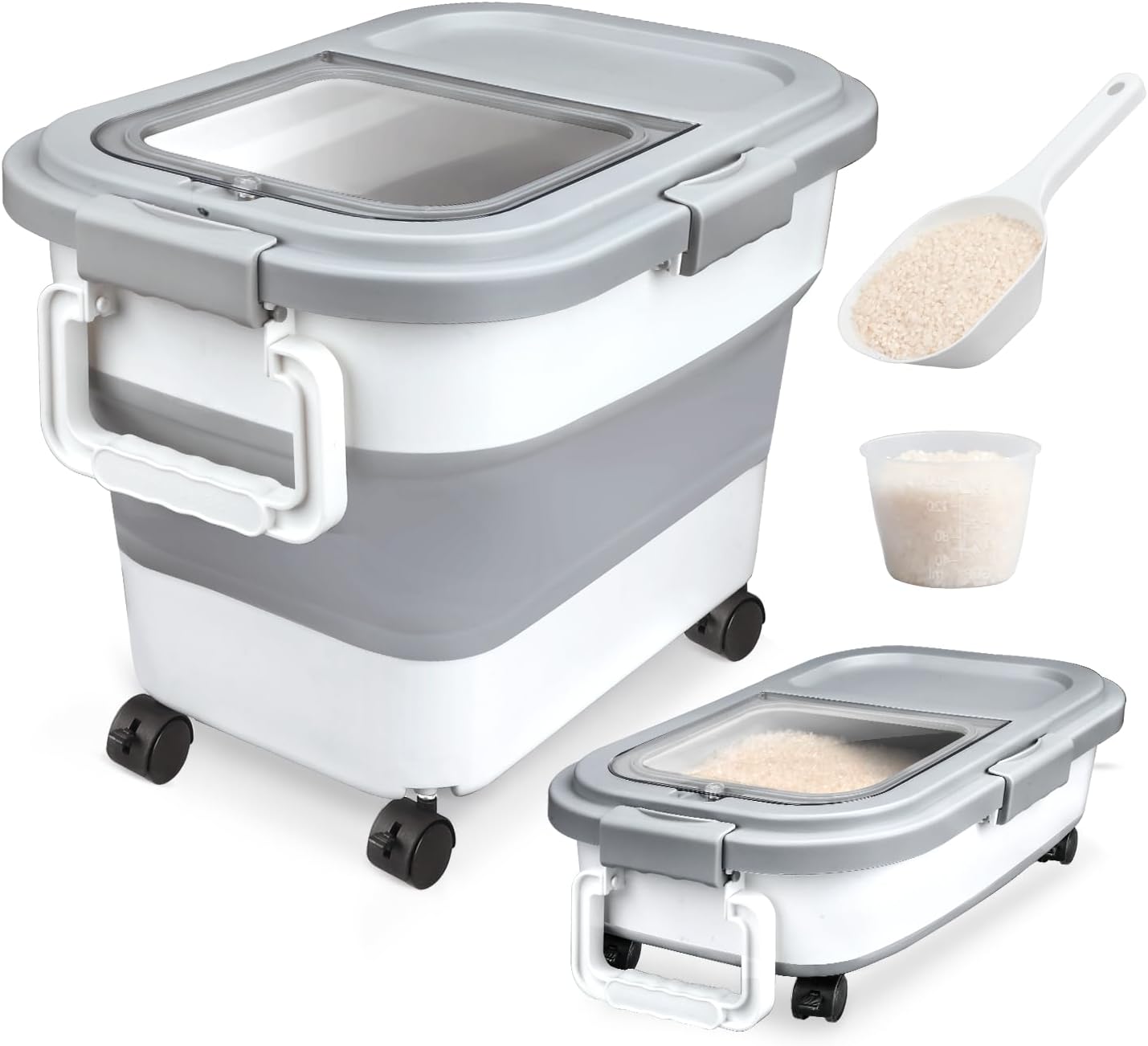 Komzon Rice Storage Container, Collapsible Airtight 10-40 Lb Rice Storage Container, 25lb Pet Dog Food Storage Container, Rice Dispenser Bin with Cup and Scoop for Flour Cereal Pasta Grain, Cat Bird