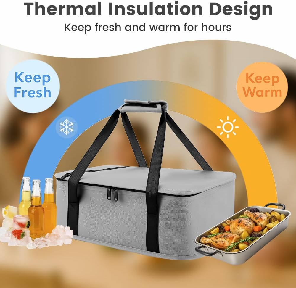 Insulated Resuable Casserole Carrier Bag for Hot or Cold Food, Foldable Portable Prep Carrier, Thermal Food Transport Bag for 9''x13'' & 11''x15'' Baking Pan, Travel Picnic Cake Dessert lunch, Black