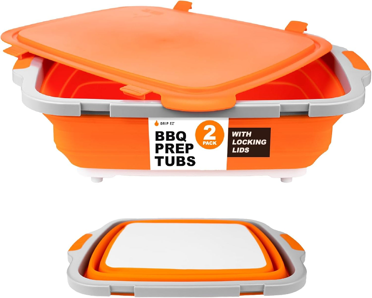 Drip EZ Collapsible BBQ Prep Tubs 2-Piece Set- For Meal Prep Marinating Food Storage - Includes Cutting Board & Lid - (2) XL - Black