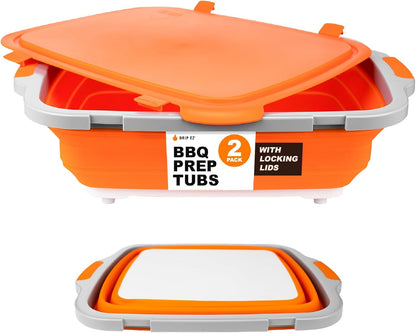 Drip EZ Collapsible BBQ Prep Tubs 2-Piece Set- For Meal Prep Marinating Food Storage - Includes Cutting Board & Lid - (2) XL - Black