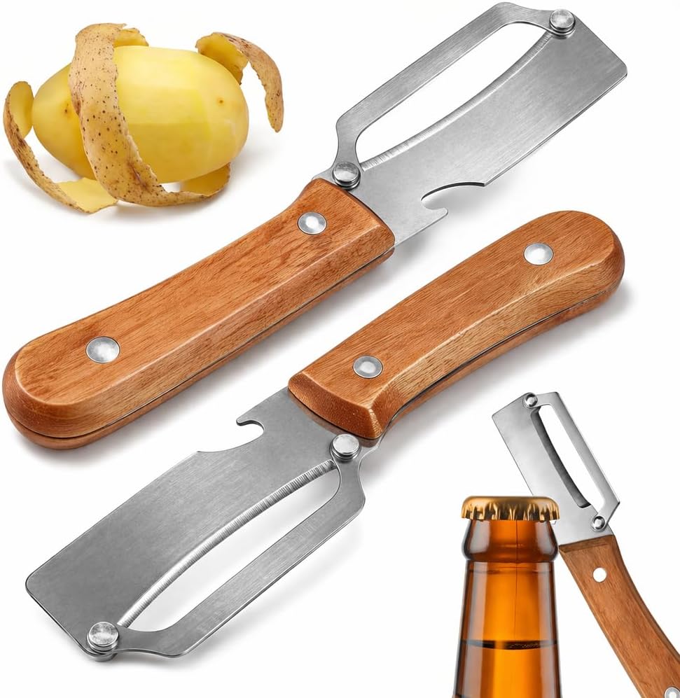 2026 Upgrade Vegetable Peeler With Wooden Handle, Stainless Steel Wide Blade Potato and Carrot Peeler, 3-in-1 Veggie Peeler With Scallion Shredder and Bottle Opener for Kitchen, Camping and Trave
