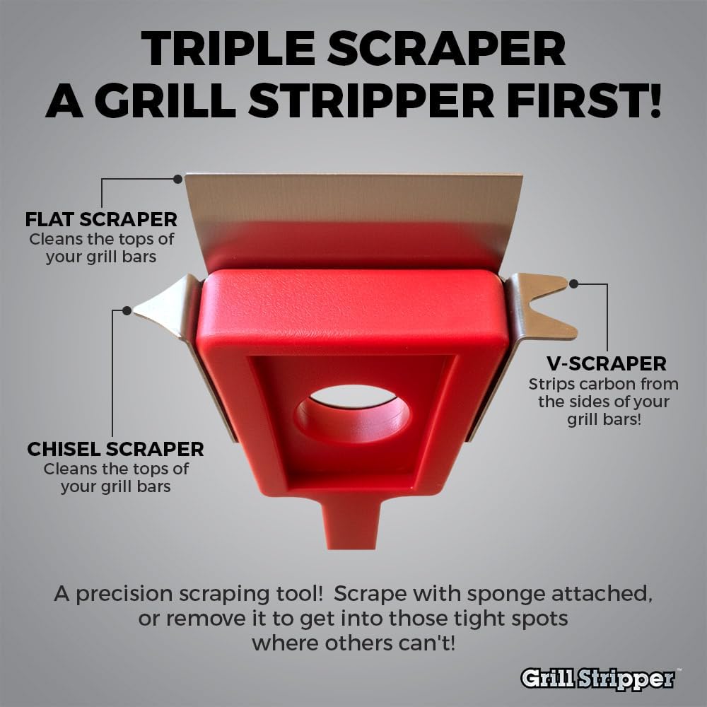 GRILL STRIPPER Bristle Free Grill Brush with Extra Sponge - Steam Grill Brush Bristle Free with Patent Pending Triple Scraper and Dishwasher Safe Replaceable Fire Resistant Steam Sponge