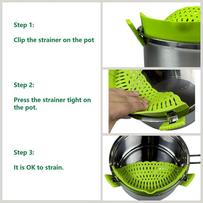 Clip On Strainer Silicone for All Pots and Pans, Pasta Strainer Clip on Food Strainer for Meat Vegetables Fruit Silicone Kitchen Colander (Black)