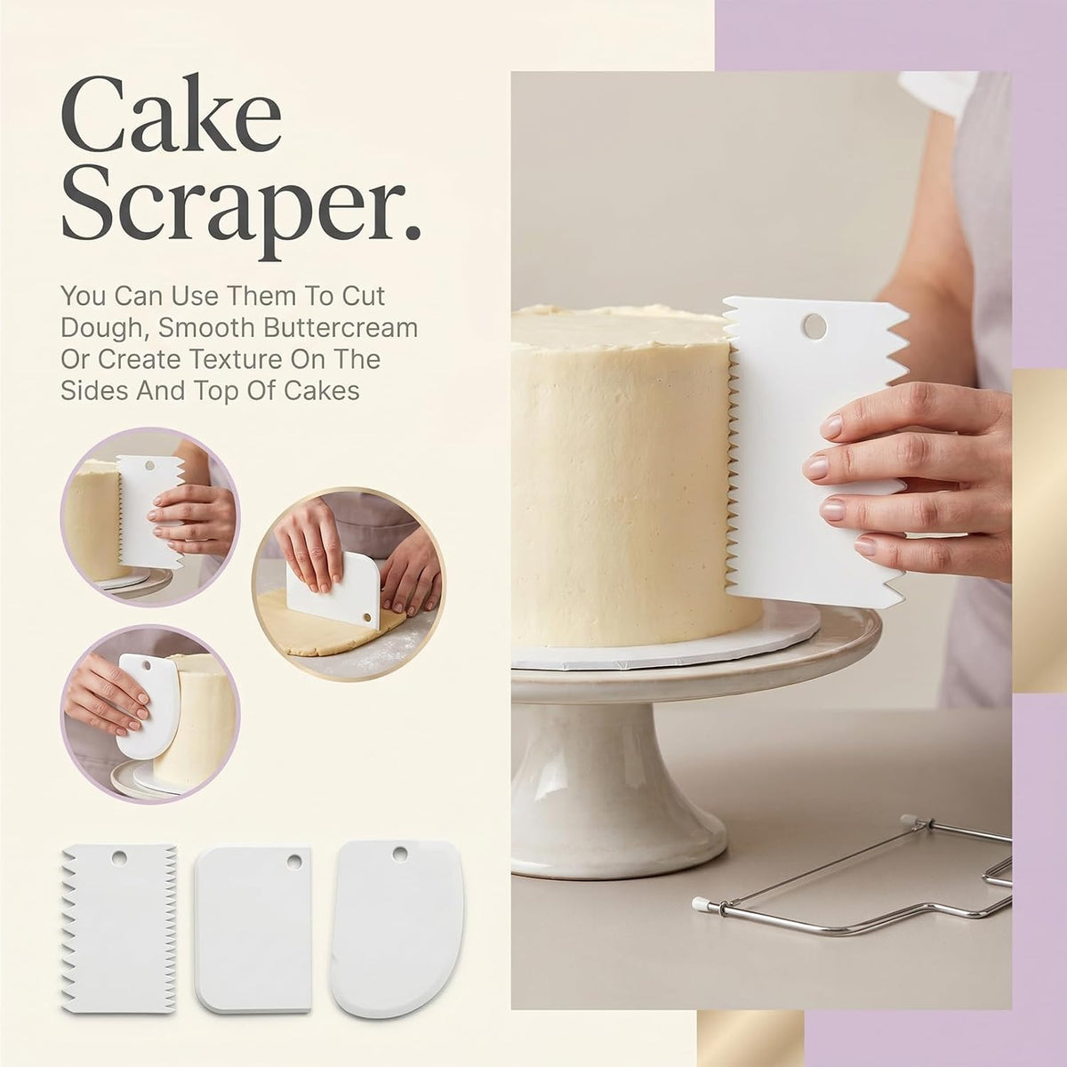 Stainless Cake Cutter Slicer Leveler, Cake Leveler Tool Even Layers Cakes Slicer Tool with 3Pcs Scraper 12-Inch by 6-Inch Adjustable 2-Wire Layer Tools for Baking