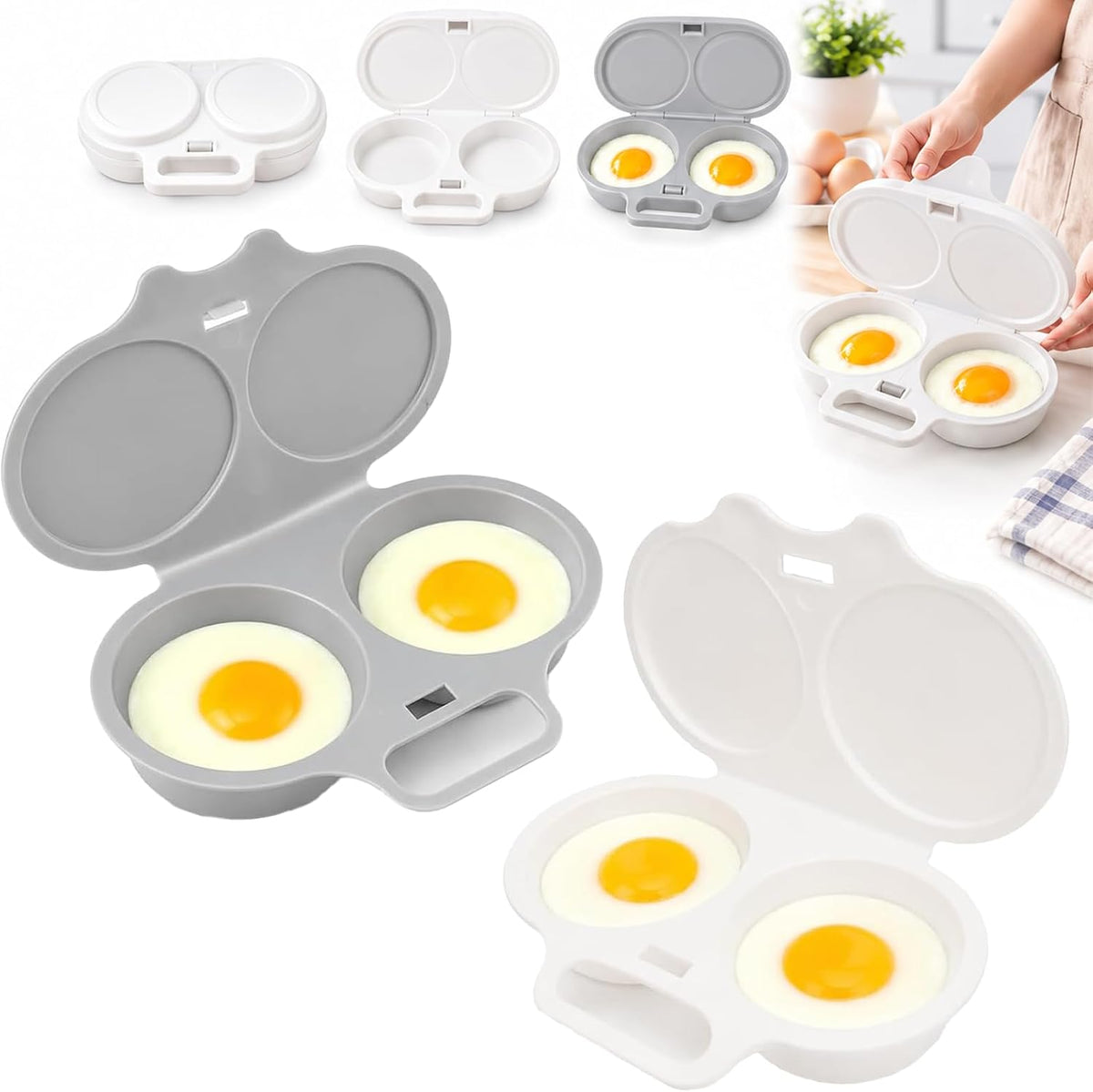 2026New Dual Cavity Microwave Egg Poacher With Lid & Handle