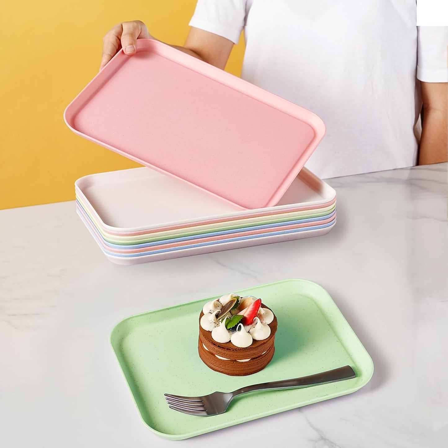 4 Pack Multicolo Plastic Serving Trays for Party Serving Food - Rectangular, 8.66 by 12 in, Heavy Duty Dessert Trays for Food Erving Platters for Party Tray Decor Veggie,Snack