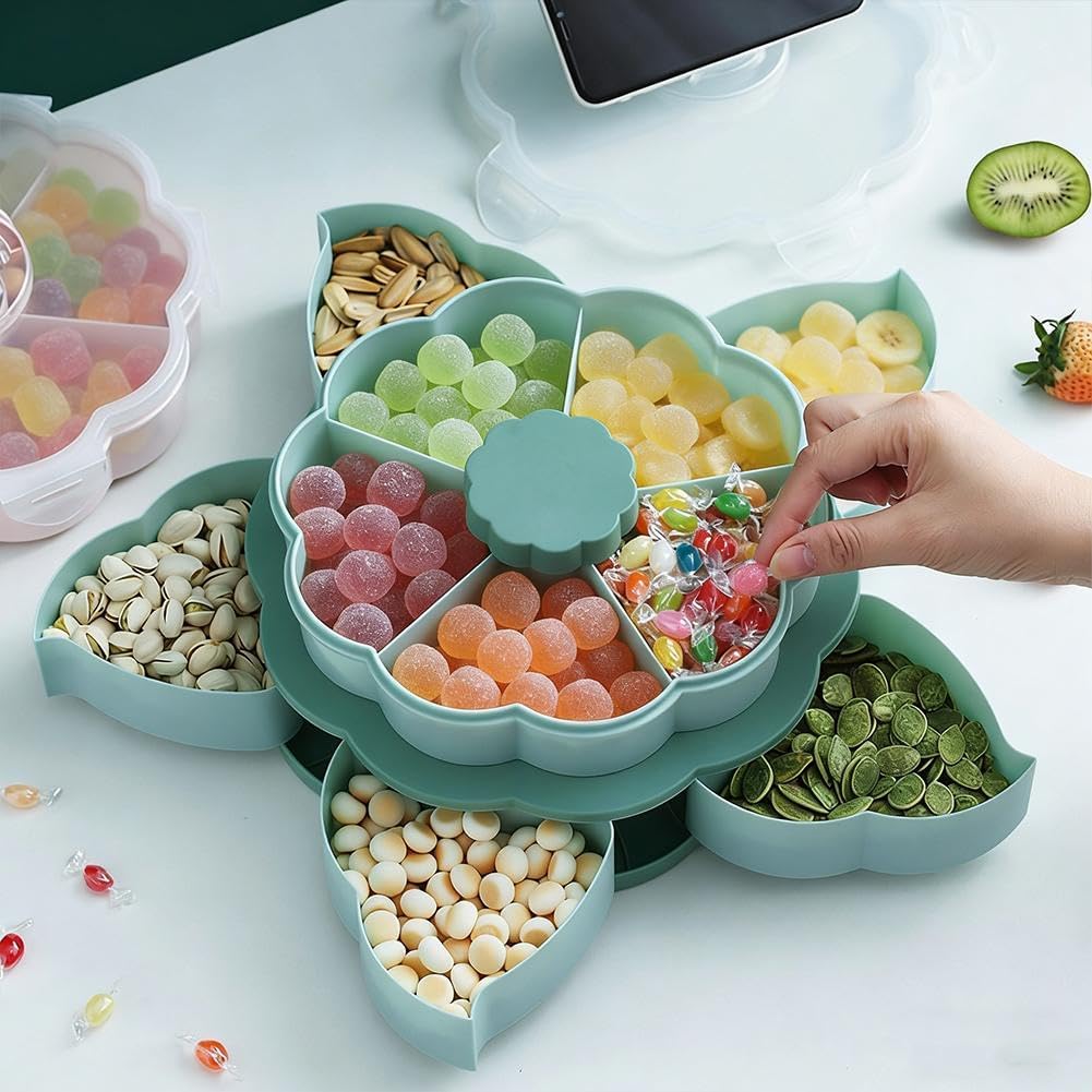 Divided Spin and Snack Serving Tray,2027 New Divided Serving Tray That Spins,Rotating Snack Box Container with Lid,Multi-Compartment Food Organizer Design,Lazy Susan Organizer for Fruit, Nuts, Candy
