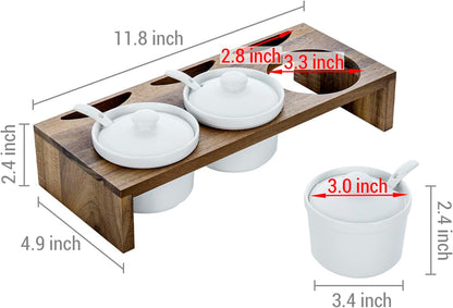 MyGift 10 Pcs Condiment Pot Serving Dish Set, Hosting Essentials, Premium Acacia Solid Wood Raised Display Server Tray and 3 Ceramic Ramekin Dip Bowls with Lids and Spoons