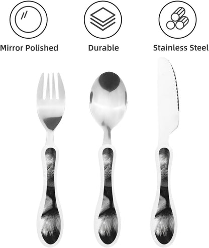 3-Piece Kids Silverware Set With Storage Case, Stainless Steel Reusable Children Safe Knife Spoon Fork Set African Lion Black And White Children Flatware Set For Kids Lunch Box