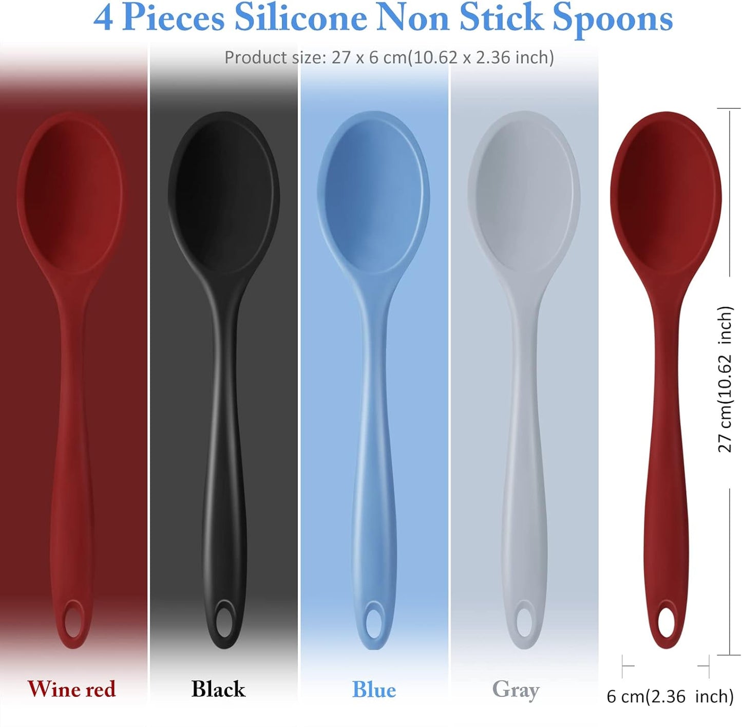 Shappy 4 Pieces Silicone Cooking Spoons 10.6 Inch Heat Resistant Kitchen Spoons for Mixing, Serving and Stirring Upgrade Large Non Stick Basting Utensils, Dishwasher Safe(Spoon,Fashionable Color)