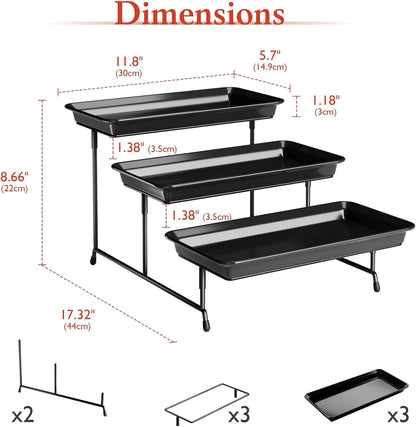 3-Tier Melamine Serving Tray Set, 11.5" x 5.6" Platters for Serving Food, Black Reusable Trays with Black Metal Display Stand for Cupcakes, Sevring Food, Dessert, Fruit, Cookie, Gold
