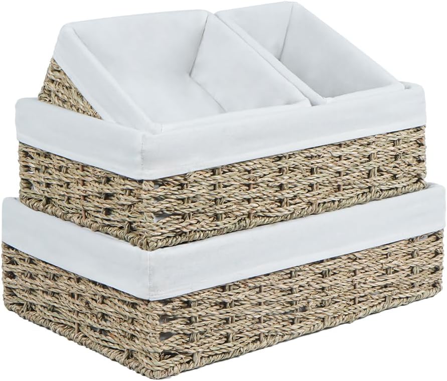 Water Hyacinth Shelf Baskets 4-Pack, Handwoven Wicker Bins with Removable Linen Liners – Divided Upper Compartment & Open Handles, Stackable for Pantry Bathroom Closet
