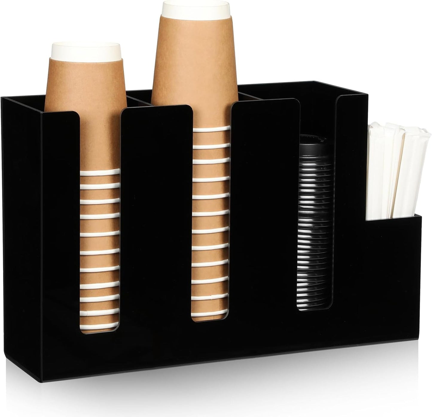 Cunhill 4 Compartments Acrylic Coffee Cup and Lid Storage Organizer Holder Disposable Paper Cup Dispenser Organizer Plastic Lid Holder Accessories for Kitchen Bar Shop Party Supplies(Transparent)