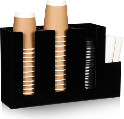 Cunhill 4 Compartments Acrylic Coffee Cup and Lid Storage Organizer Holder Disposable Paper Cup Dispenser Organizer Plastic Lid Holder Accessories for Kitchen Bar Shop Party Supplies(Transparent)