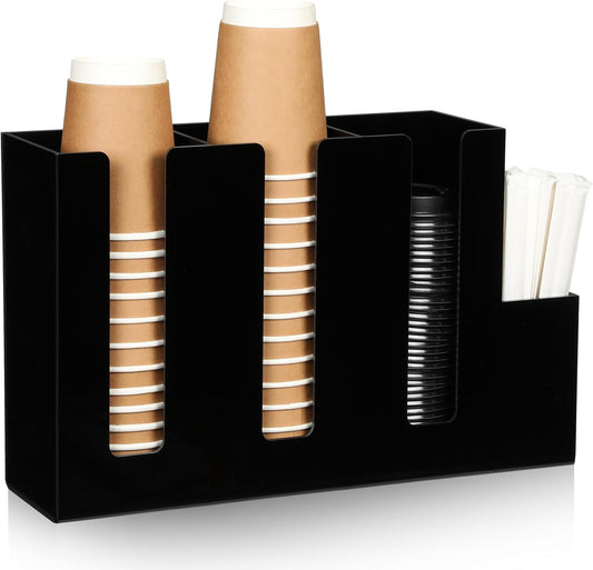 Cunhill 4 Compartments Acrylic Coffee Cup and Lid Storage Organizer Holder Disposable Paper Cup Dispenser Organizer Plastic Lid Holder Accessories for Kitchen Bar Shop Party Supplies(Transparent)