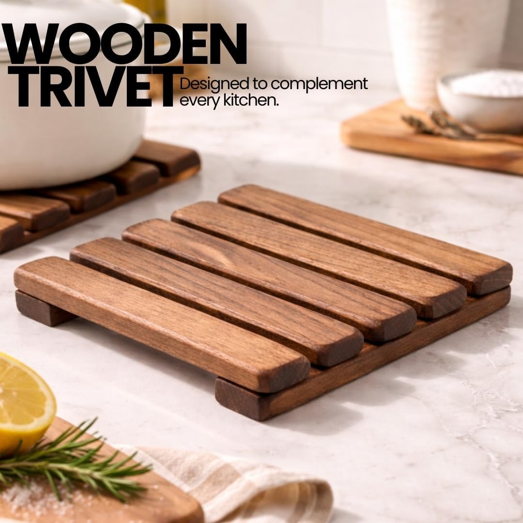 Wooden Trivet – Trivets for Hot Pots and Pans, Heat Resistant Solid Acacia Wood, Durable Kitchen & Table Protector, Premium Handmade – LO-MAS [5.9 × 5.9 in]