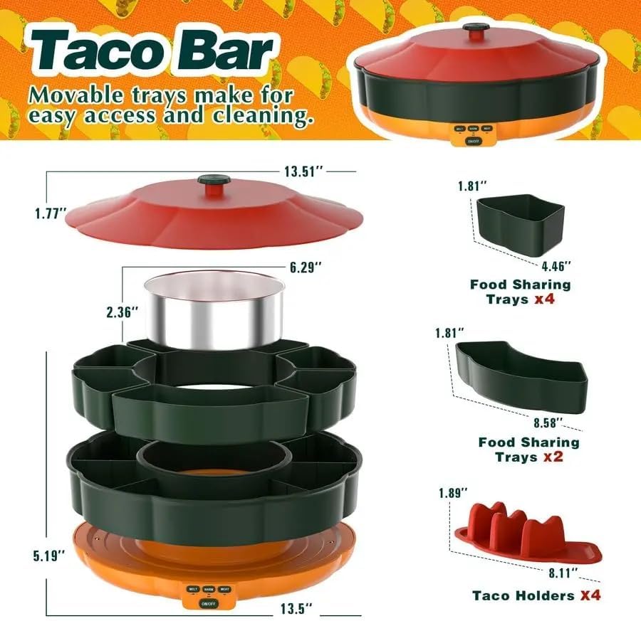Taco Tuesday Kit, 33Oz Heated Pot Taco Bar Serving Set for A Party with 4 Taco Holders, & Detachable Lazy Susan Tray Unique Couple & Housewarming Gift Set Ideas