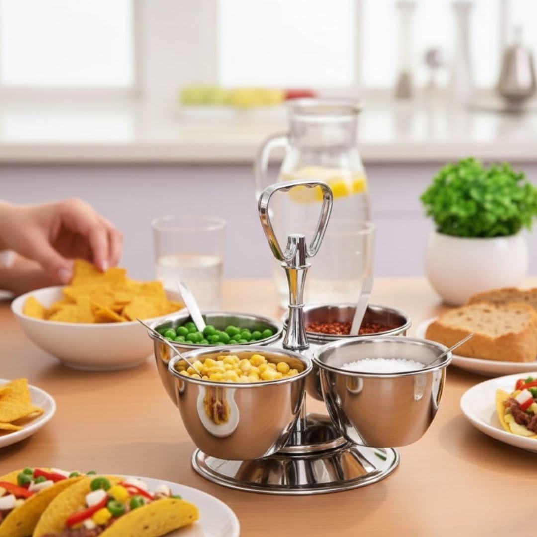 Soro Essentials- 4 Compartments Stainless Steel Relish Server 8 oz Capacity Per Cup- Serving Tray with Lid Condiment Server Condiment Serving Garnish Bar Container for Home Kitchen Restaurant