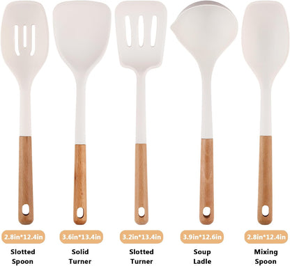 Kitchen Cooking Utensils Set, 6Pcs Silicone Kitchen Utensils Set Spatula Spoon Soup Ladle Turner, Heat Resistant Wooden Handle Silicone Cooking Gadgets for Nonstick Cookware & Baking BPA FREE