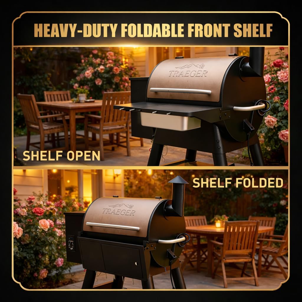 QuliMetal Folding Front Shelf for Traeger Pro 34, Texas Elite 34, Century 885 and Eastwood 34, 37" x 12" Heavy-Duty Grill Prep Table with Cutting Board, Stainless Steel Basin, Lid and 5 Hooks