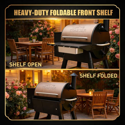 QuliMetal Folding Front Shelf for Traeger Pro 34, Texas Elite 34, Century 885 and Eastwood 34, 37" x 12" Heavy-Duty Grill Prep Table with Cutting Board, Stainless Steel Basin, Lid and 5 Hooks