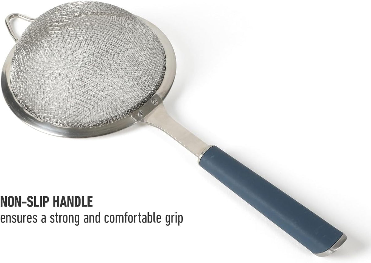 Calphalon Prime Edge 5-Inch Stainless Steel Strainer, Fine Mesh Kitchen Colander Strainer with Thermoplastic Rubber Handle, Sifter for Rinsing, Draining & Straining Food, Navy