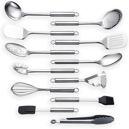 Berglander Cooking Utensil Set 13 Piece Stainless Steel Kitchen Tool Set with Holder, Include Cooking Spoon, Spatula, Whisk, Cooking Tong and etc. (13 Pieces)