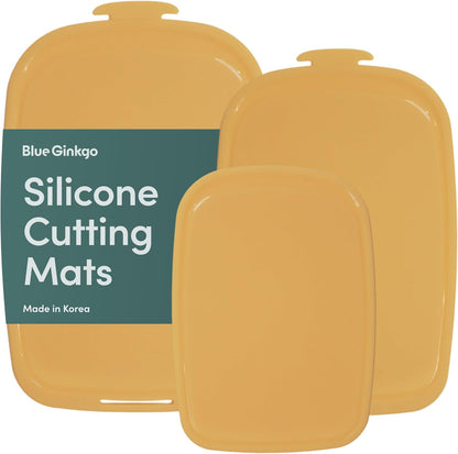 Blue Ginkgo Silicone Cutting Boards – Set of 3 (Small, Medium, Large) – Double-Sided, Thick, Flexible, Non-Slip, BPA Free – Juice Grooves, Dishwasher Safe (Made in Korea, Grey)