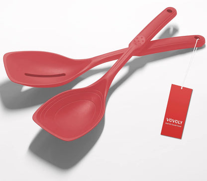 Large Silicone Cooking Spoon, Non-Stick Solid Spoon set with Deep Bolw and Measurement Mark for Mixing, Serving, Draining, Scooping, Scraping, Heat Resistant Kitchen Utensils, Black