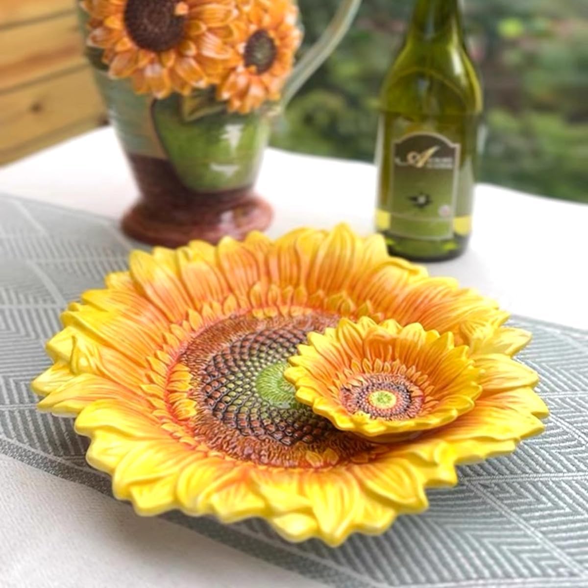 Ceramic Chip & Dip Platter,11 inches Double Layer Hand-painted Yellow Decorated Plate -Sunflower