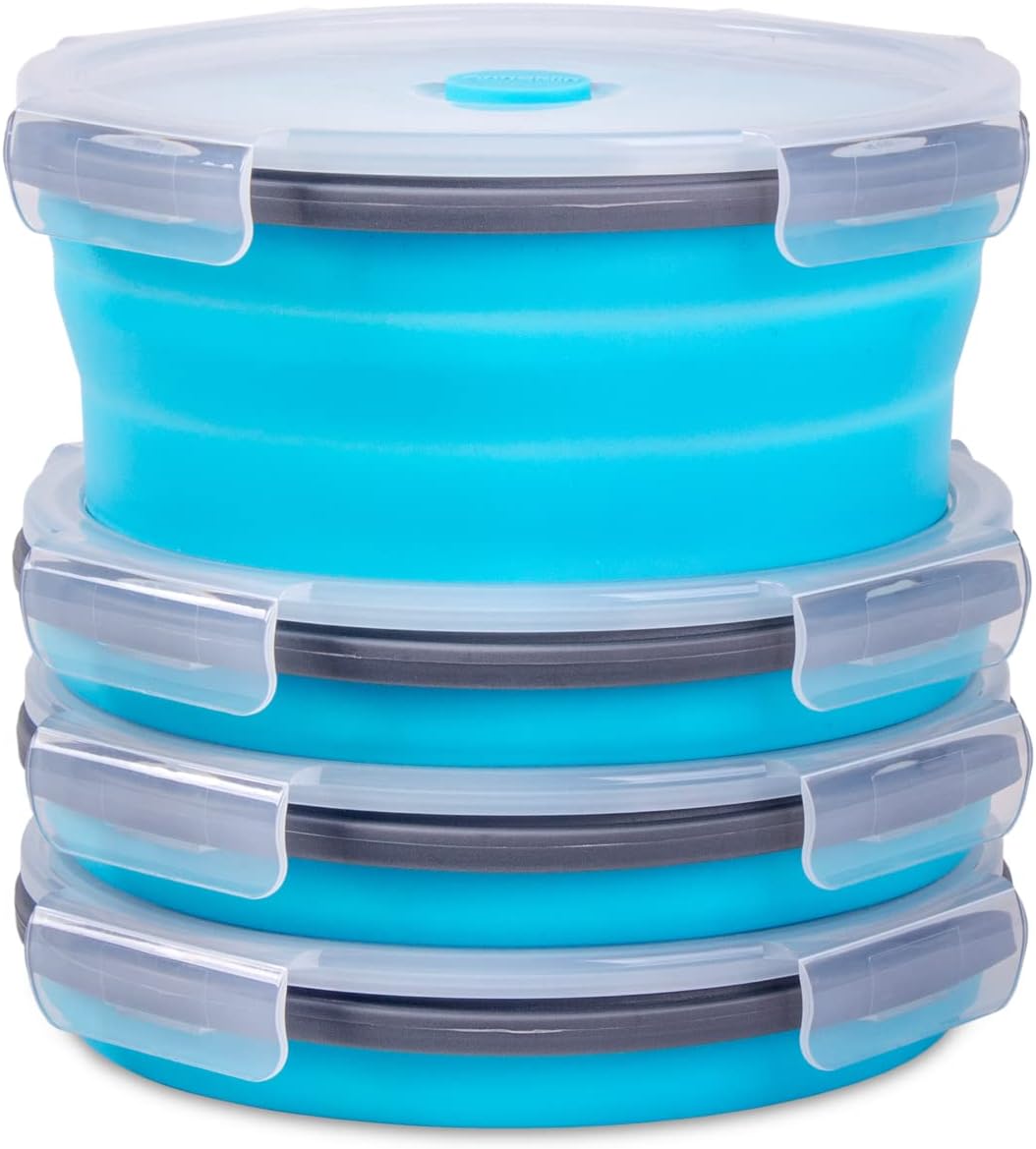 Collapsible Food Storage Containers with Lids, 4 Pack, 40 oz Silicone 1-Compartment Meal Prep Containers Reusable, Lunch Bento Boxes for Adults, Microwave Freezer Dishwasher Safe, BPA-Free, Black