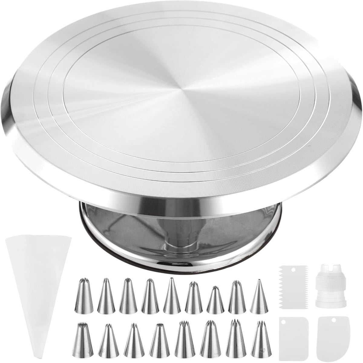 Aluminium Alloy Revolving Cake Stand Set, 12 in Cake Decorating Turntable with Piping Bag, 17 Piping Tips, 3 Plastic Scrapers, Coupler, Non Slip Rotating Platform for Baking and Decorating