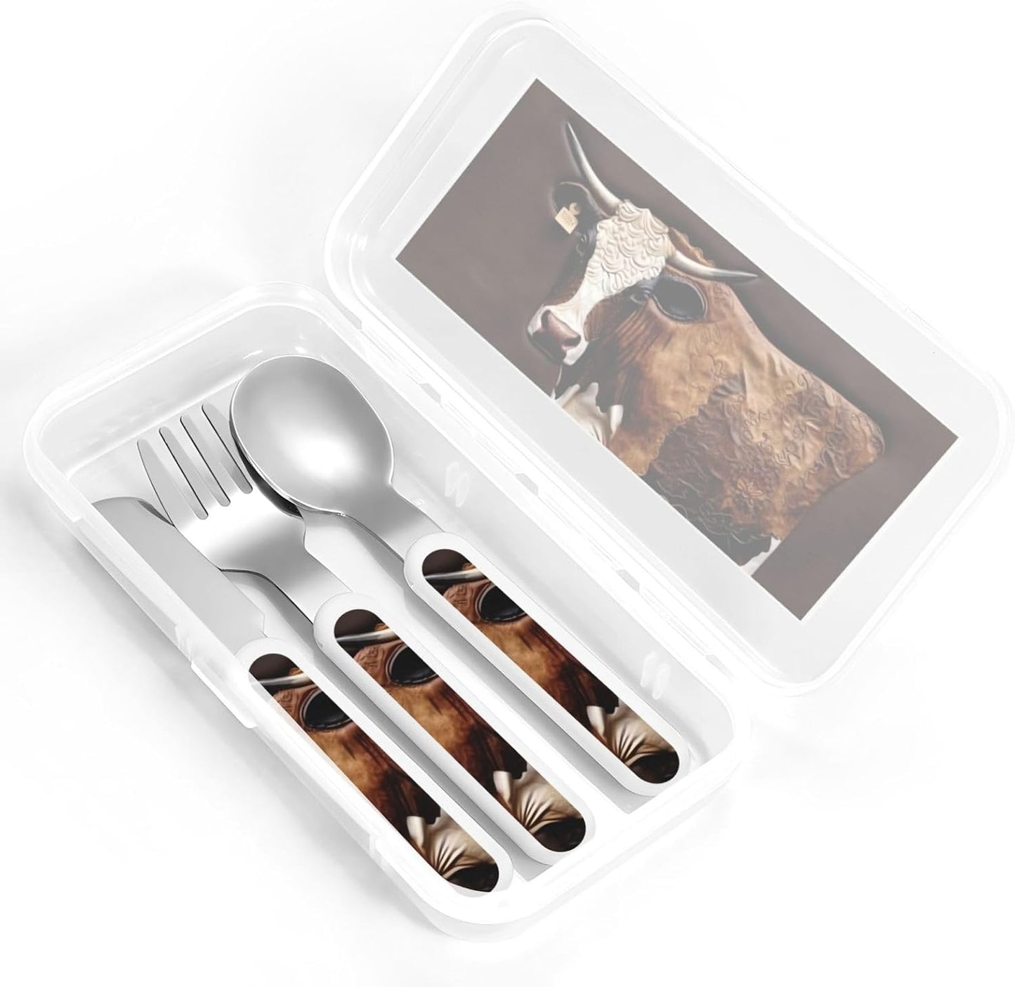3-Piece Children Utensils Set Cow in brown leather Knife Spoon Fork Set Stainless Steel Silverware Set Easy-Grip Reusable Utensils Set Child Flatware Set with Case for Lunch Travel